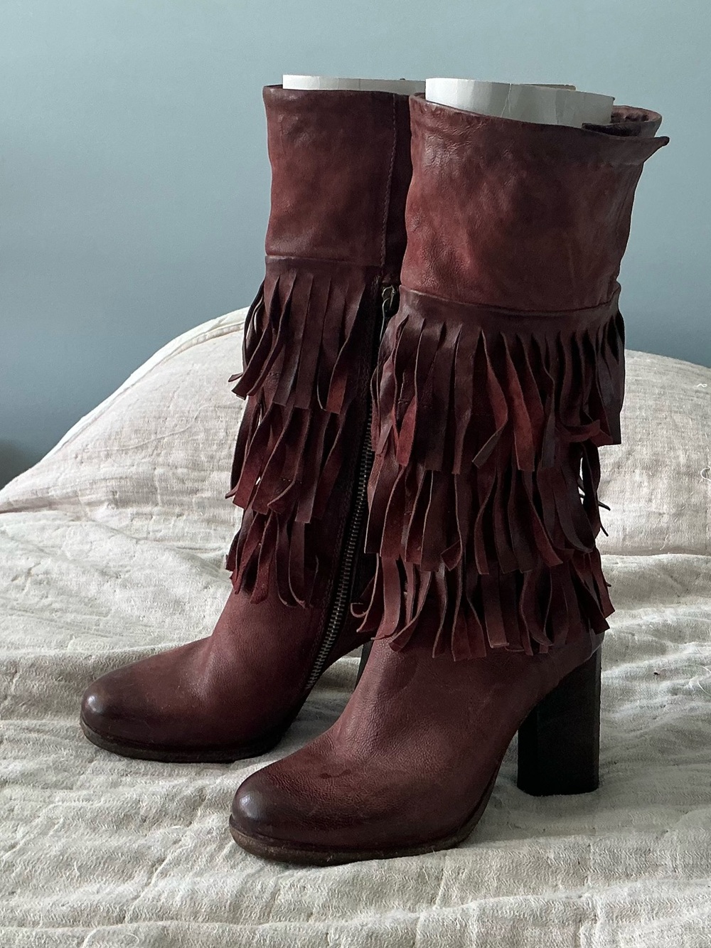 A.S.98 Burgundy Layered Fringe Mid-Calf Leather Boots - Picture 2 of 7